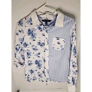 Tommy Hilfiger Womens Roll Tab Button Up Shirt Sz S Blue White Palms Stripes